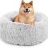 Sweetcrispy Calming Donut Dog & Cat Bed, Machine Washable Cuddle Warming Cozy Fluffy Faux Fur Plush Round Dog Bed, Anti-Anxiety Waterproof Anti-Slip Pet Bed for Small Medium Dogs and Cats,24 inches