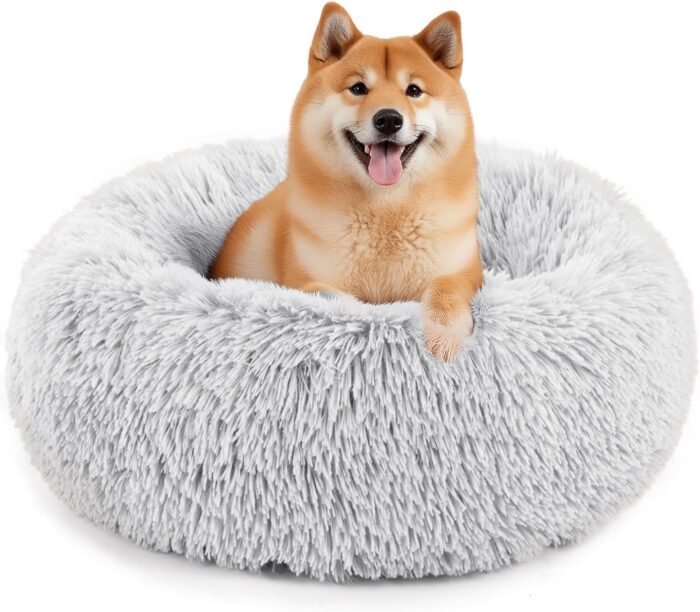 Sweetcrispy Calming Donut Dog & Cat Bed, Machine Washable Cuddle Warming Cozy Fluffy Faux Fur Plush Round Dog Bed, Anti-Anxiety Waterproof Anti-Slip Pet Bed for Small Medium Dogs and Cats,24 inches