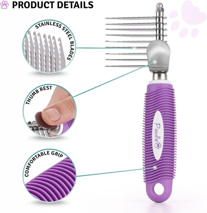Poodle Dematting Fur Rake Comb Brush for Dogs and Cats - Long 2.5" Steel Safety Blades Metal Comb for Detangling Matted or Knotted Undercoat Hair