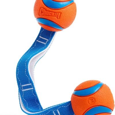 Chuckit! Ultra Duo Tug Dog Toy - Two Ultra Balls on a Durable Nylon Cord Handle - Fetch and Tug-of-War Toy for Dogs - Size Medium - For Breeds 20-60 lbs - 2.5-inch Diameter - Orange and Blue
