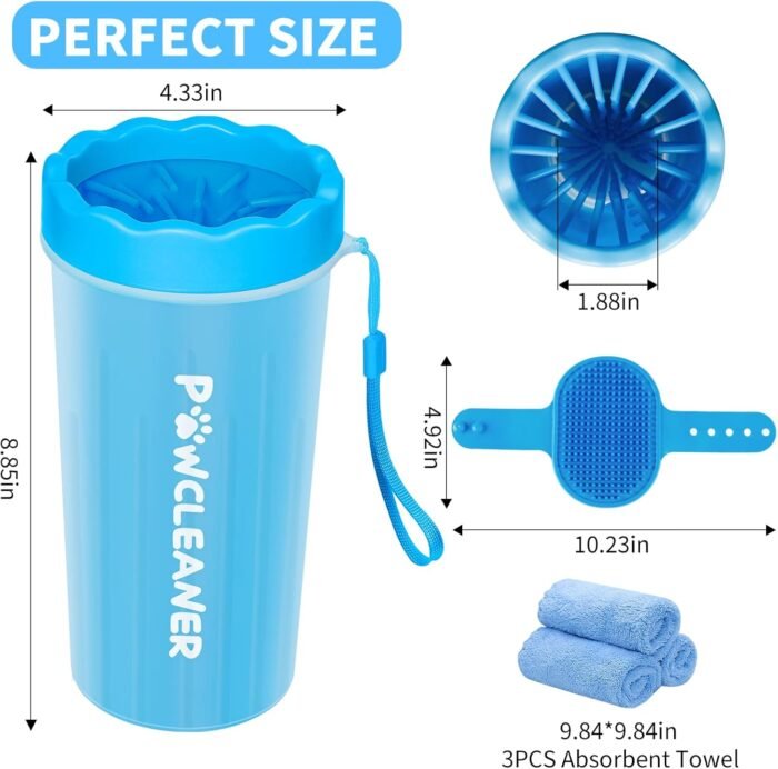 Comotech Dog Paw Cleaner with Bath Brush & Absorbent Towels - Adjustable Ring Handle for Long and Short-Haired Dogs (Large, Blue)