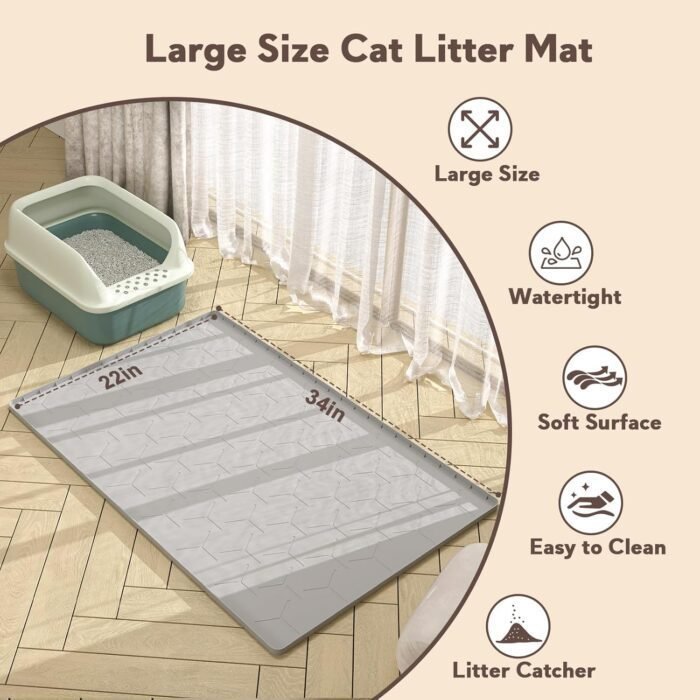 Cat Mat for Litter Box, Large 34" X 22" Cat Litter Mat, Waterproof Silicone Pad for Floor, Gray