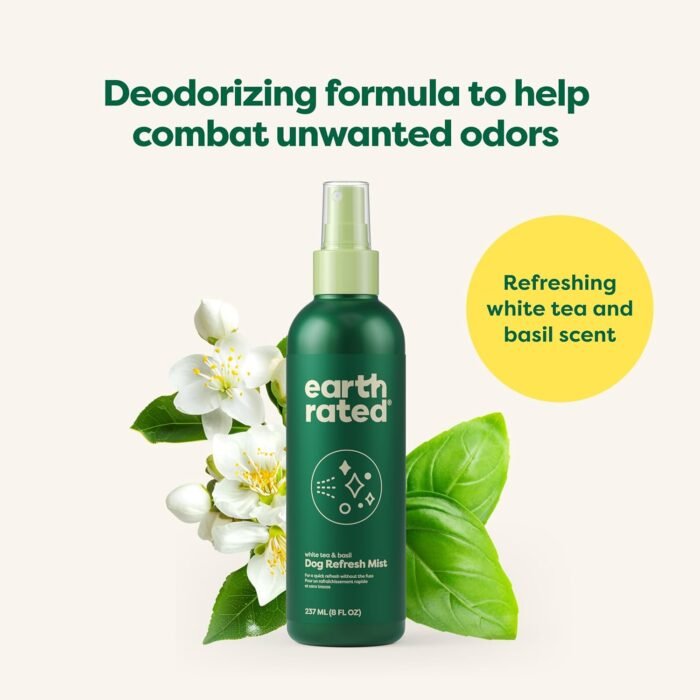 Earth Rated Dog Deodorizing Spray, Conditioning & Odor-Eliminating Perfume for Dogs, for All Coat Types, Refreshing White Tea & Basil Scent, 8 oz.