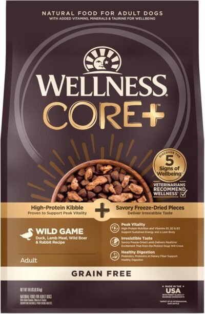 Wellness CORE+ (Formerly RawRev) Natural Grain Free Dry Dog Food, Wild Game Duck, Wild Boar & Rabbit with Freeze Dried Lamb, 18-Pound Bag
