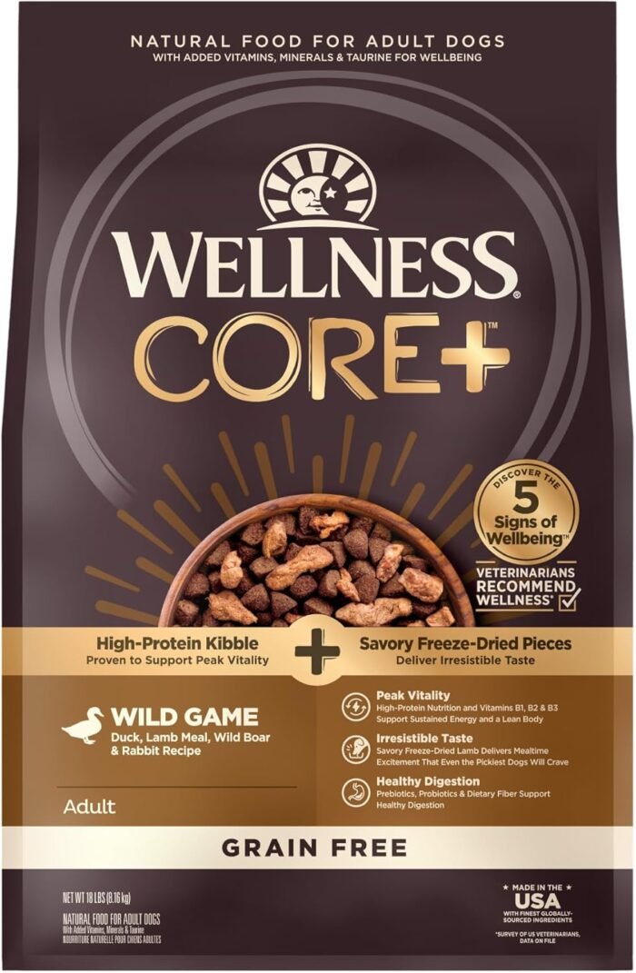Wellness CORE+ (Formerly RawRev) Natural Grain Free Dry Dog Food, Wild Game Duck, Wild Boar & Rabbit with Freeze Dried Lamb, 18-Pound Bag