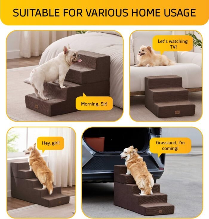 Dog Stairs for High Bed, Extra Wide Dog Steps for Bed Couch Sofa, 35D Foam Pet Steps for Small Dogs and Cats, Pet Stairs 2 in 1 with Non-Slip Bottom Brown, 5 Steps