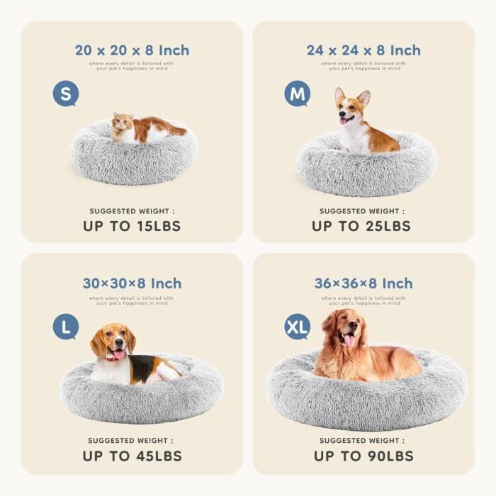 Sweetcrispy Calming Donut Dog & Cat Bed, Machine Washable Cuddle Warming Cozy Fluffy Faux Fur Plush Round Dog Bed, Anti-Anxiety Waterproof Anti-Slip Pet Bed for Small Medium Dogs and Cats,24 inches