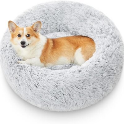 Calming Donut Dog Beds for Medium Size Dog and Large Size Dog, Round Calming Pet Bed Washable and Anti-Slip, Warming Cozy Fluffy Faux Fur Plush Cushion Bed(Light Grey, 30")
