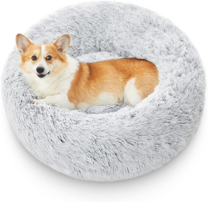 Calming Donut Dog Beds for Medium Size Dog and Large Size Dog, Round Calming Pet Bed Washable and Anti-Slip, Warming Cozy Fluffy Faux Fur Plush Cushion Bed(Light Grey, 30")