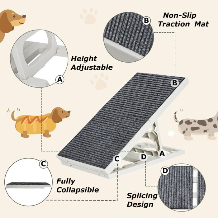 Adjustable Dog Ramp Bed for Small Pets Folding Collapsible Cat Ramps with Non Slip Carpet Portable Indoor Puppy Ramp for Sofa,Chair