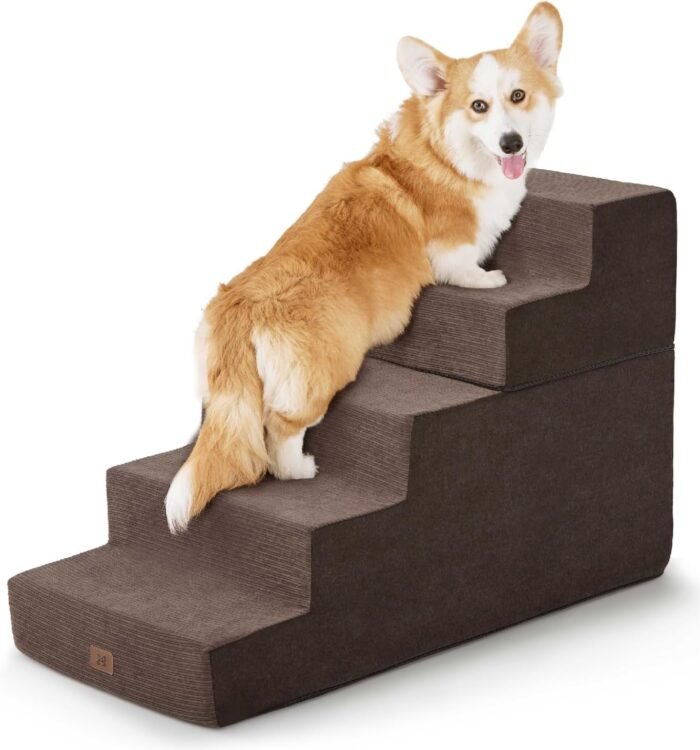 Dog Stairs for High Bed, Extra Wide Dog Steps for Bed Couch Sofa, 35D Foam Pet Steps for Small Dogs and Cats, Pet Stairs 2 in 1 with Non-Slip Bottom Brown, 5 Steps