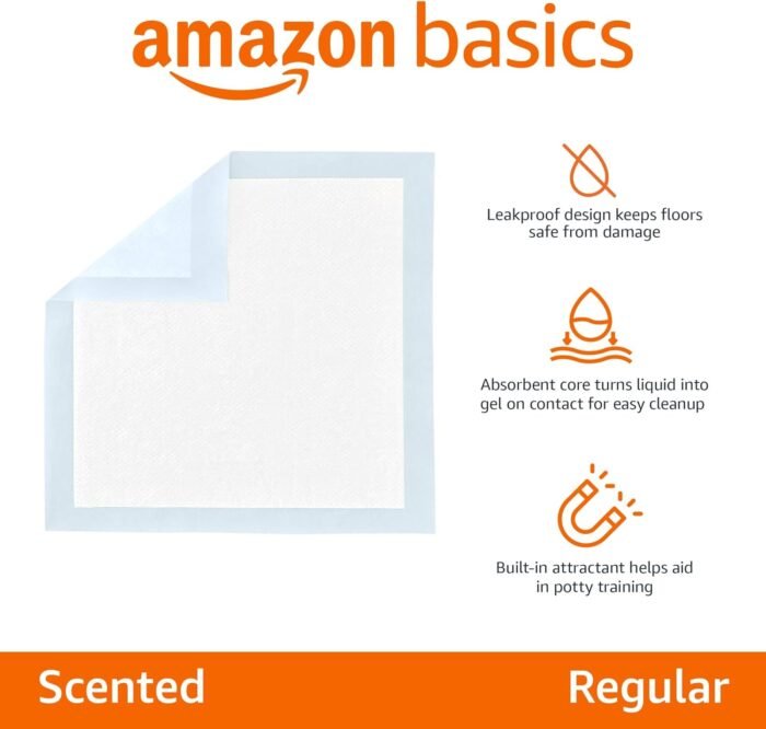Amazon Basics Absorbent Puppy Pads for Potty Training and Incontinence, 5-Layer Leak-Proof Design, Quick-Dry Surface, Regular Size, 22 x 22 Inch, Scented, Pack of 100, Blue & White