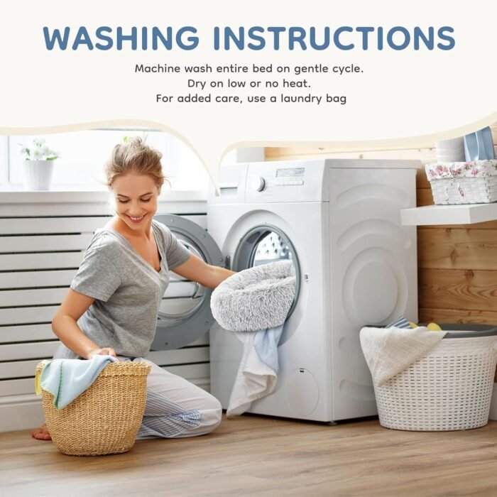 Sweetcrispy Calming Donut Dog & Cat Bed, Machine Washable Cuddle Warming Cozy Fluffy Faux Fur Plush Round Dog Bed, Anti-Anxiety Waterproof Anti-Slip Pet Bed for Small Medium Dogs and Cats,24 inches