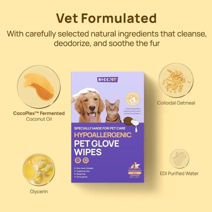HICC PET Cleaning & Deodorizing Bath Wipes for Dogs and Cats, Hypoallergenic Nourish Fur Coconut Oil Dog Grooming Wipes, Puppy Bathing Gloves Wipes for Daily and Traveling