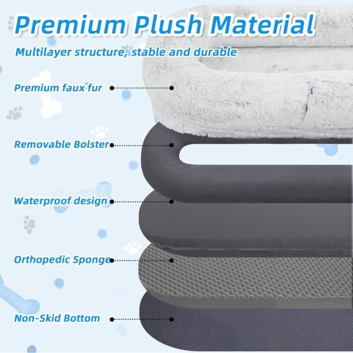 Human Dog Bed, 71"x45"x12" Dog Beds for Humans Size Fits You and Pets, Washable Faux Fur Human Dog Bed for People Doze Off, Napping Orthopedic Dog Bed, Present Plump Pillow, Blanket, Strap - Grey