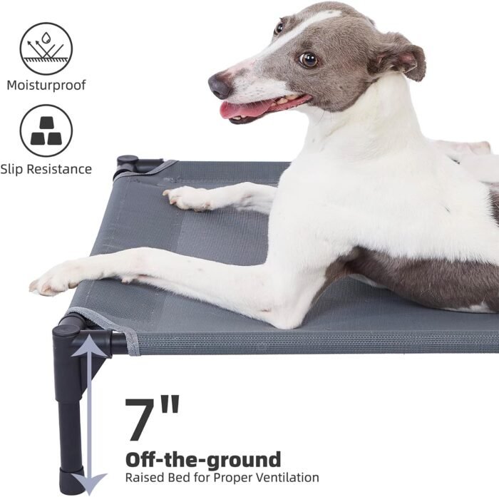 pettycare Elevated Outdoor Dog Bed - Raised Cot for Large Dogs, Heavy Duty Pet Cots Waterproof, Cooling, Washable Breathable Teslin Mesh, Durable, Non Slip, 42 Inches, Grey
