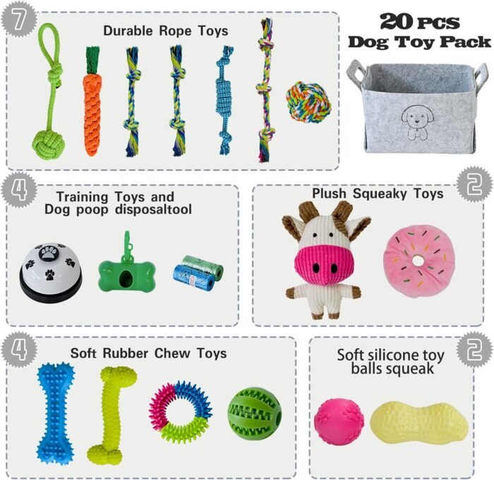 20Pcs Puppy Chew Toys for Teething, Dog Chew Toys with Rope Toys, Pet Dog Toothbrush, Treat Balls, Plush Toys and Squeaky Toys for Small Medium Dogs with Basket