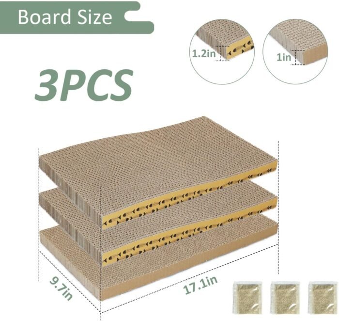 MECOOL Cat Scratching Board，3PC Scratch Pad with Box，Reversible Corrugated Scratcher Cardboard and Lounge Bed for Indoor Cats, Catnip