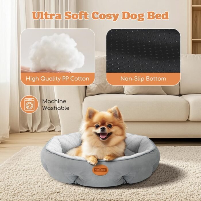 Nobleza Dog Bed Medium Size Dog, Plush Anti Anxiety Donut Round Orthopedic Dog Bed for Sleeping, Supportive Washable Calming Warming Soft Non-Slip Cat Beds for Indoor Cats Washable, 28in, Light Grey