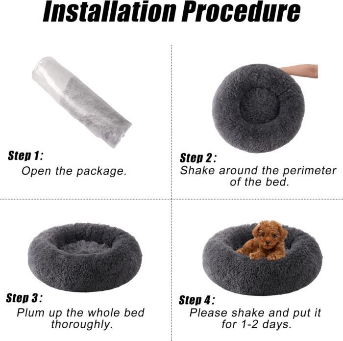 Calming Dog Bed, Dog Beds for Small Melium Dogs, Fluffy Donut Dog & Cat Bed Washable, Round Anti Anxiety Dog Bed, Small Dog Bed with Non-Slip Bottom (Dark Grey, 17" x 17")