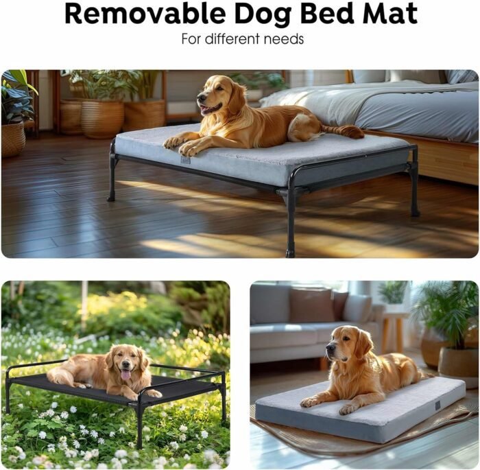 Veehoo Elevated Raised Dog Bed+Removable Dog Bed Mat-Cooling Outdoor Dog Cot Bed for Large Sized Dogs Three-Sided Guardrail Raised Pet Cot Dog Hammock Bed Elevated Dog Ded with Bolster-41 x 27" Black