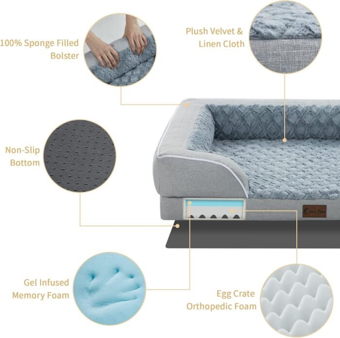 Orthopedic Dog Beds for Large Dogs, Waterproof Memory Foam Large Sized Dog Bed with Sides, Non-Slip Bottom and Egg-Crate Foam Big Dog Bed with Removable Washable Cover(Large,Light Grey)