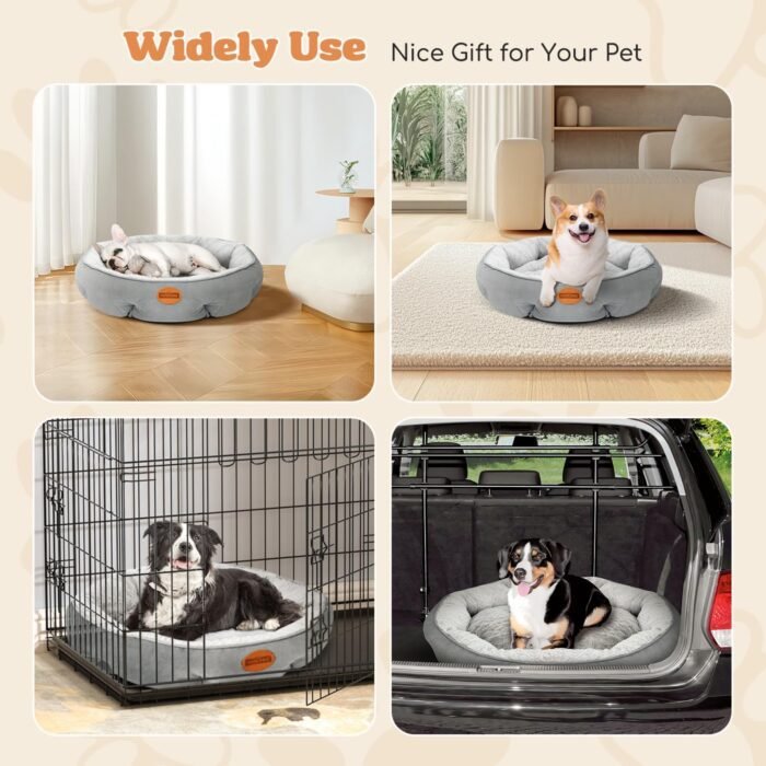 Nobleza Dog Bed Medium Size Dog, Plush Anti Anxiety Donut Round Orthopedic Dog Bed for Sleeping, Supportive Washable Calming Warming Soft Non-Slip Cat Beds for Indoor Cats Washable, 28in, Light Grey