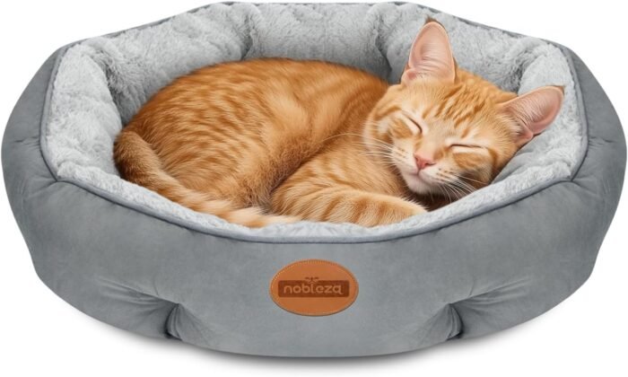 Nobleza Dog Bed Medium Size Dog, Plush Anti Anxiety Donut Round Orthopedic Dog Bed for Sleeping, Supportive Washable Calming Warming Soft Non-Slip Cat Beds for Indoor Cats Washable, 28in, Light Grey
