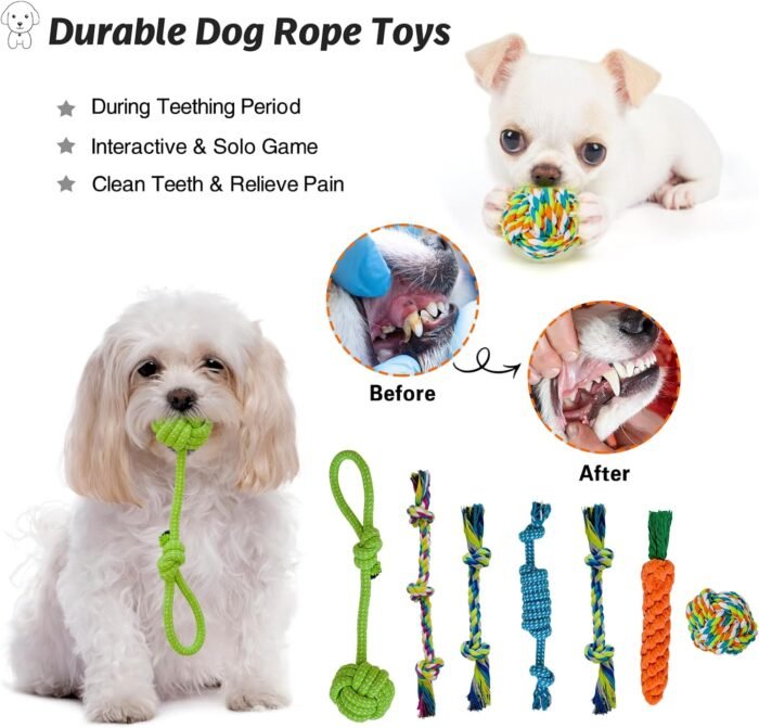 20Pcs Puppy Chew Toys for Teething, Dog Chew Toys with Rope Toys, Pet Dog Toothbrush, Treat Balls, Plush Toys and Squeaky Toys for Small Medium Dogs with Basket