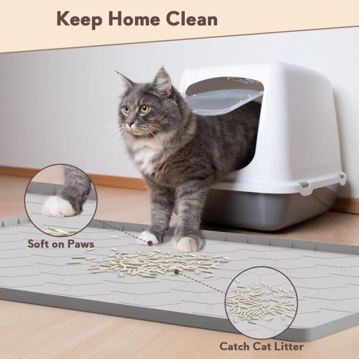 Cat Mat for Litter Box, Large 34" X 22" Cat Litter Mat, Waterproof Silicone Pad for Floor, Gray