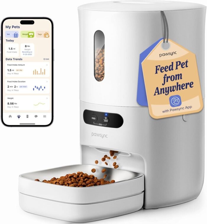 Automatic Cat Feeder, Smart Scale Tracks Pet's Food Intake, App Remote Feeding, 3.6L Timed Food Dispenser for Cats and Dogs, Up to 10 Meals Per Day, Stainless Steel Bowl, Dual Power Supply