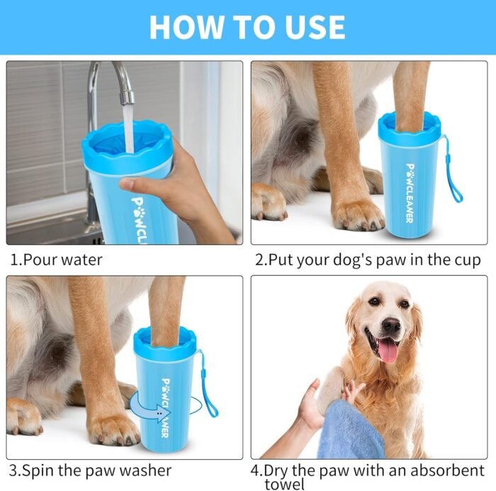 Comotech Dog Paw Cleaner with Bath Brush & Absorbent Towels - Adjustable Ring Handle for Long and Short-Haired Dogs (Large, Blue)