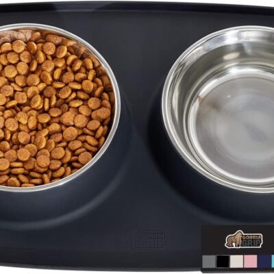 GORILLA GRIP Patent Pending 100% Waterproof BPA Free Cat and Dog Bowls Silicone Feeding Mat Set, Stainless Steel Bowl Slip Resistant Raised Edges, Catch Water, Food, Pet Accessories, 1 Cup, Black