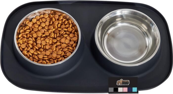 GORILLA GRIP Patent Pending 100% Waterproof BPA Free Cat and Dog Bowls Silicone Feeding Mat Set, Stainless Steel Bowl Slip Resistant Raised Edges, Catch Water, Food, Pet Accessories, 1 Cup, Black