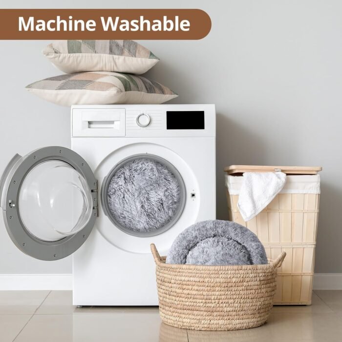 JOLLYVOGUE Small Calming Dog Bed, Anti-Anxiety Donut Cuddler Cat Bed with Anti-Slip Bottom, Fluffy Faux Fur Machine Washable Pet Cushion for Small Medium Dog & Cat, 20"