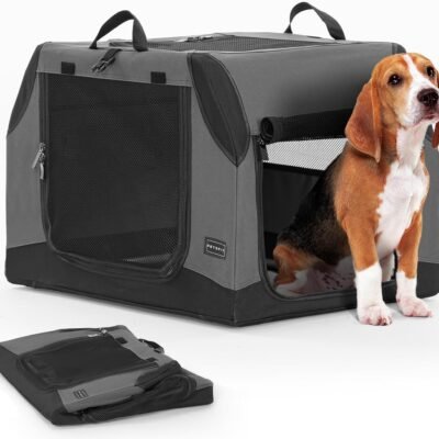 PETSFIT Travel Dog Crate, Soft Dog Crate - 30 Inch Sturdy Adjustable Structure, Easy to Set Up, Dog Crate for Car, Light Tough with 3 Mesh Doors Grey