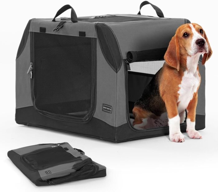PETSFIT Travel Dog Crate, Soft Dog Crate - 30 Inch Sturdy Adjustable Structure, Easy to Set Up, Dog Crate for Car, Light Tough with 3 Mesh Doors Grey