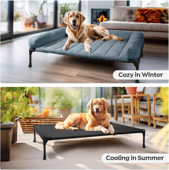 Veehoo Cooling Elevated Dog Bed + Removable Fluffy Plush Pillow Cushion, Raised Dog Bed with Washable Bolster Mat, Breathable Teslin Mesh, No-Slip Feet, 32" x 25" Dog Couch Bed, Haze Blue, CWC2331E
