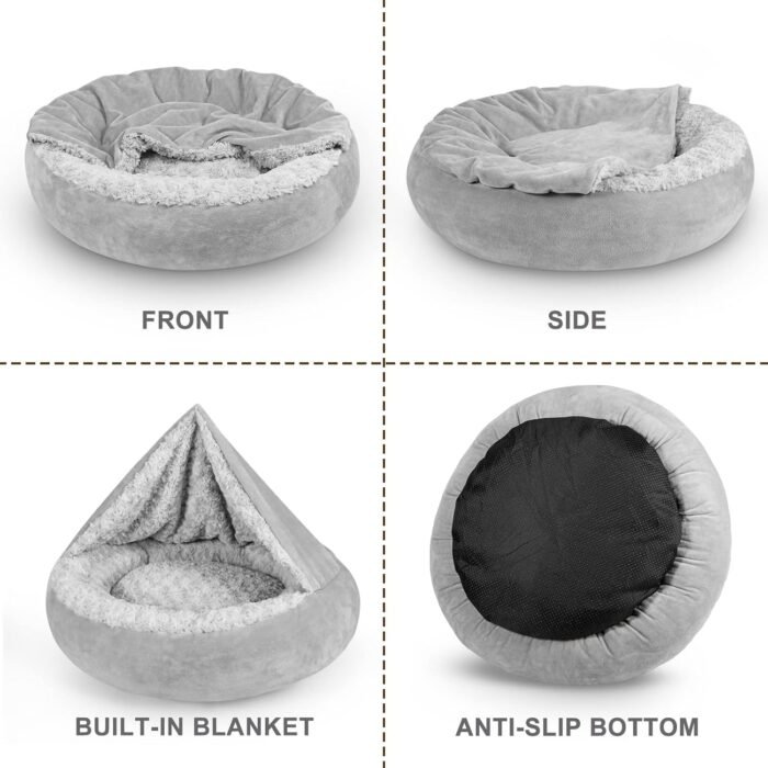 JOEJOY Small Dog Bed Cat Bed with Hooded Blanket, Cozy Cuddler Luxury Puppy Pet Bed, Donut Round Calming Anti-Anxiety Dog Burrow Cave Bed - Anti-Slip Bottom and Machine Washable 23 inch