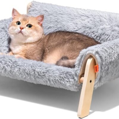 MEWOOFUN Cat Couch Bed, Pet Sofa for Indoor Cats Wooden Indoor Elevated Cat Beds with Removable Mattress Cover Suitable for Kitty, Puppy or Small Animal (Grey, Medium)
