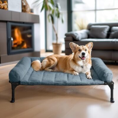 Veehoo Cooling Elevated Dog Bed + Removable Fluffy Plush Pillow Cushion, Raised Dog Bed with Washable Bolster Mat, Breathable Teslin Mesh, No-Slip Feet, 32" x 25" Dog Couch Bed, Haze Blue, CWC2331E