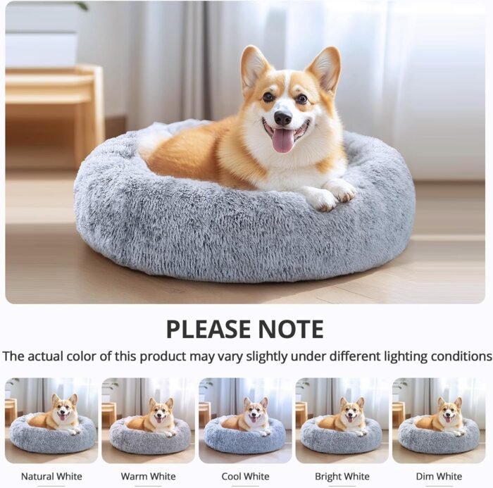 JOLLYVOGUE Small Calming Dog Bed, Anti-Anxiety Donut Cuddler Cat Bed with Anti-Slip Bottom, Fluffy Faux Fur Machine Washable Pet Cushion for Small Medium Dog & Cat, 20"