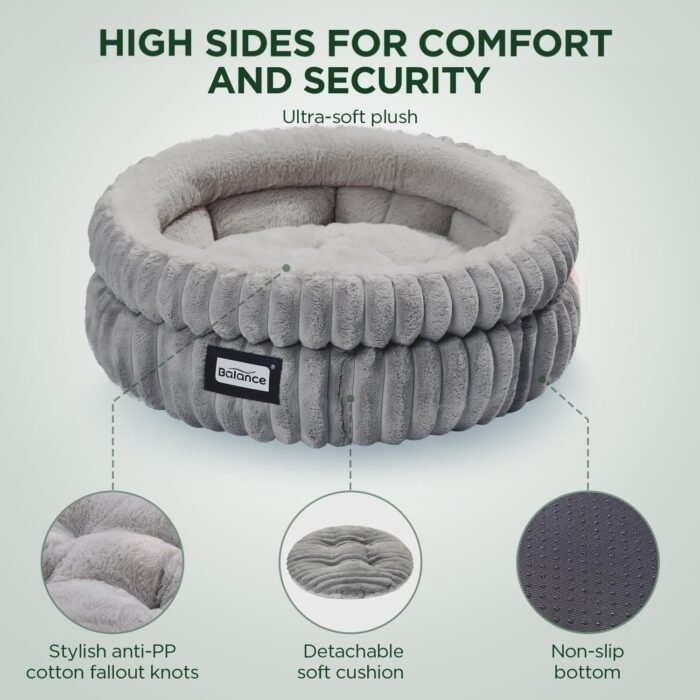 BALANCE Cat Bed Kitten Bed, Washable Round Cat Beds for Indoor Cats, Super Soft Plush Faux Fur Pet Bed for Puppy and Kitten with Anti-Slip Bottom