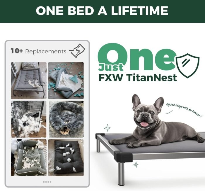FXW TitanNest Padded Dog Bed for Crate, Chew-Proof Elevated Cot for Indoor/Outdoor/Camping Use, Durable & Washable Pet Bed for Extra Large Dogs, 56-Inch, Grey