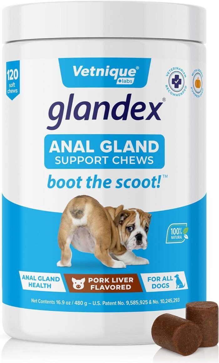 Vetnique Labs Glandex Anal Gland Soft Chew Treats with Pumpkin for Dogs Digestive Enzymes, Probiotics Fiber Supplement for Dogs Boot The Scoot (Pork Liver Chews, 120 Count)