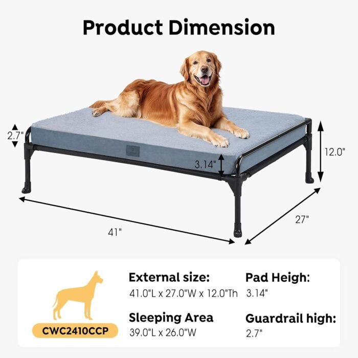 Veehoo Elevated Raised Dog Bed+Removable Dog Bed Mat-Cooling Outdoor Dog Cot Bed for Large Sized Dogs Three-Sided Guardrail Raised Pet Cot Dog Hammock Bed Elevated Dog Ded with Bolster-41 x 27" Black