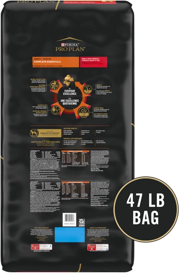 Purina Pro Plan Complete Essentials Shredded Blend Beef and Rice Dog Food Dry Formula with Probiotics for Dogs - 47 lb. Bag