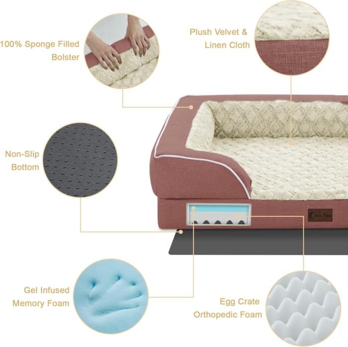Orthopedic XL Dog Bed for Extra Large Dogs, Waterproof Memory Foam Dog Beds with Sides, Non-Slip Bottom and Egg-Crate Foam Big Dog Couch Bed with Removable Washable Cover(X-Large,Pink)