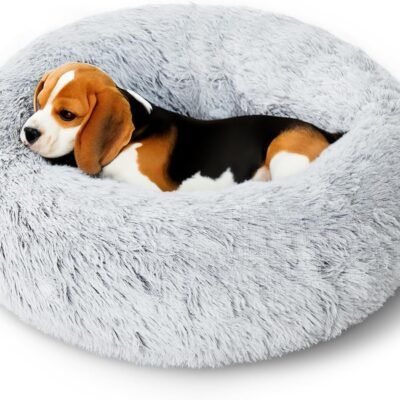 Calming Small Dog Bed, Anti-Anxiety Donut Cuddler Pet Beds Washable, Cozy Soft Puppy Bed, Fluffy Faux Fur Plush Pet Cushion for Small Medium Dogs & Cats (Light Grey, 20")