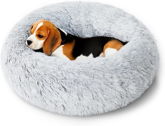 Calming Small Dog Bed, Anti-Anxiety Donut Cuddler Pet Beds Washable, Cozy Soft Puppy Bed, Fluffy Faux Fur Plush Pet Cushion for Small Medium Dogs & Cats (Light Grey, 20")